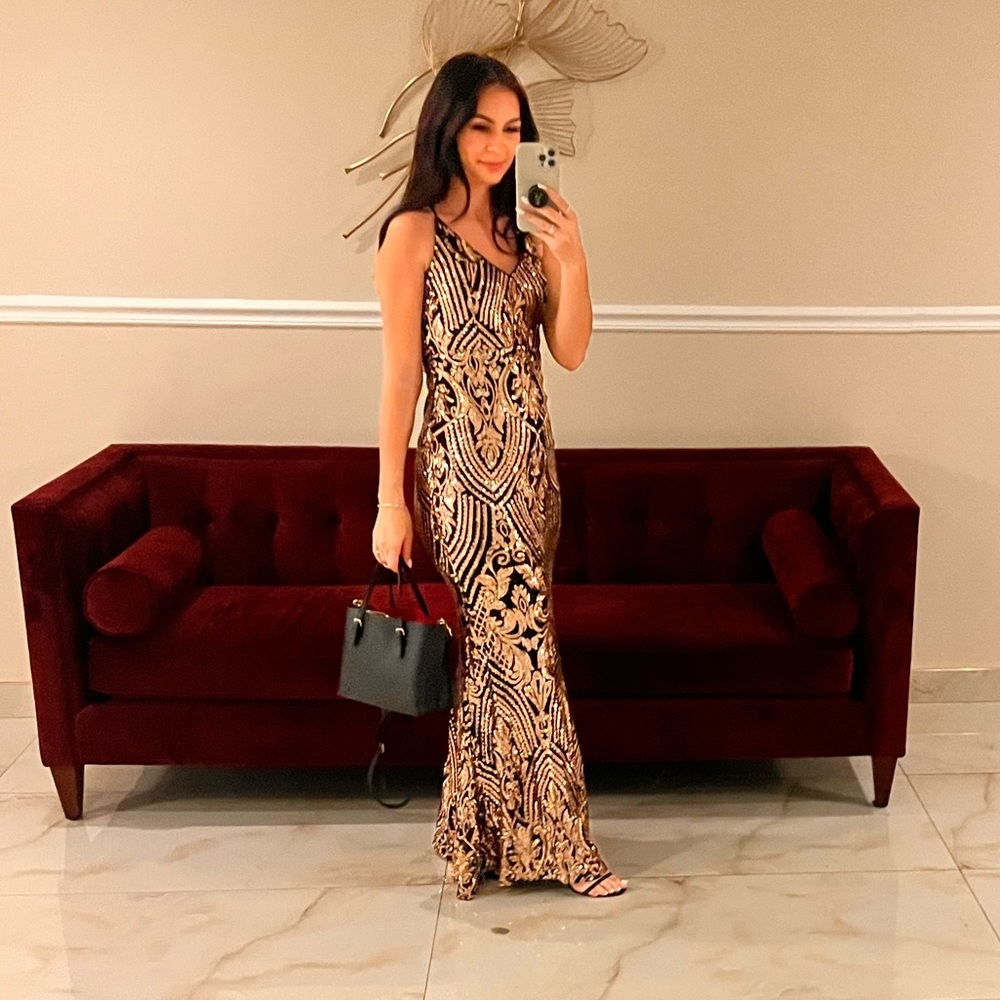 Lulus black and gold sequin maxi dress. Worn once originally $109! Size M